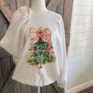 Gildan White Sweatshirt with Christmas Tree and Pink Bow